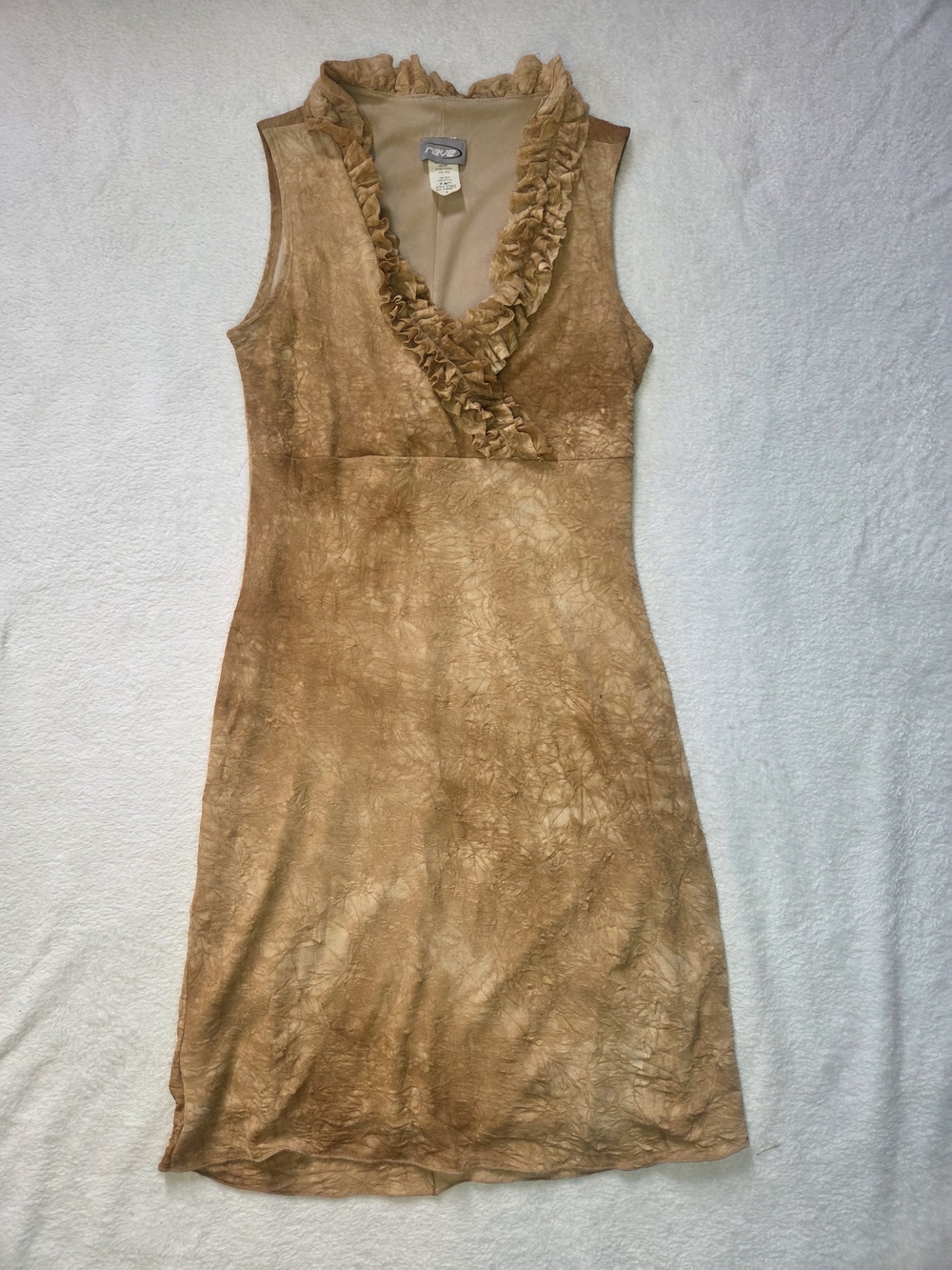 Vintage Y2K Rave Ruffle V-Neck Sleeveless Mini Dress Tan Brown Grunge Boho S - Picture 5 of 12
